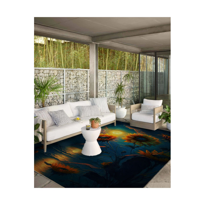 Surrealist Theme Sunflower Sea and Sunset Patterned Modern Decorative Rug, Runner 4'11" x 9'10" Rug Pad Included