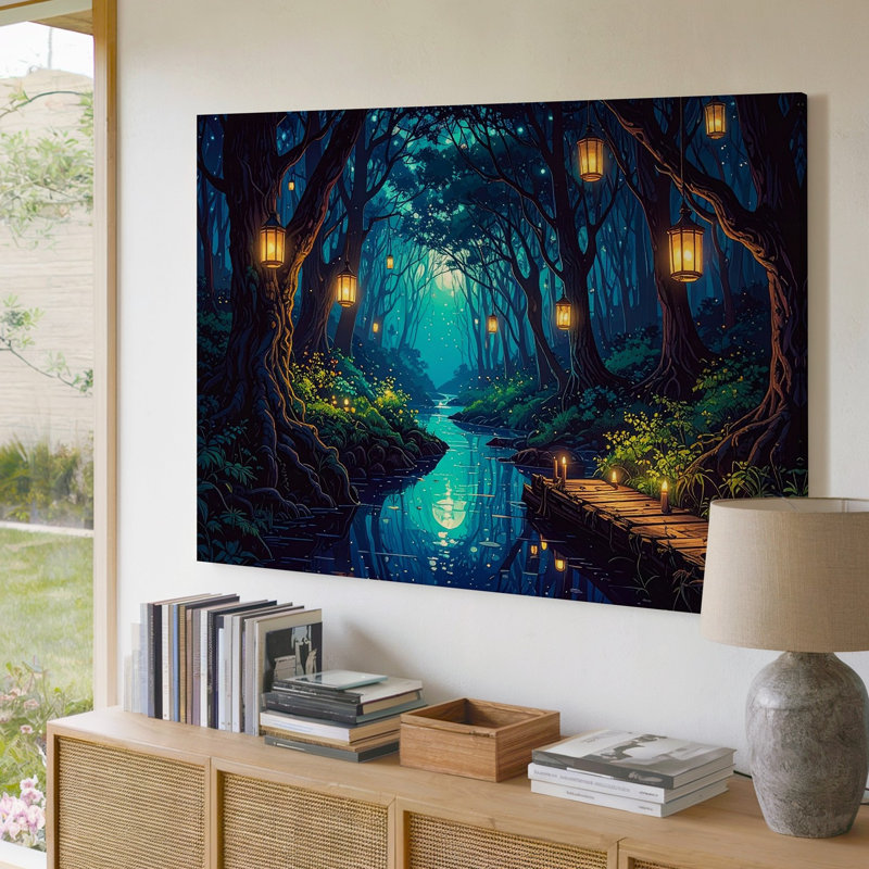 Art mural, lanterne de forêt enchantée, toile de ruisseau et chemin mystique, H 11 po x l 14 po