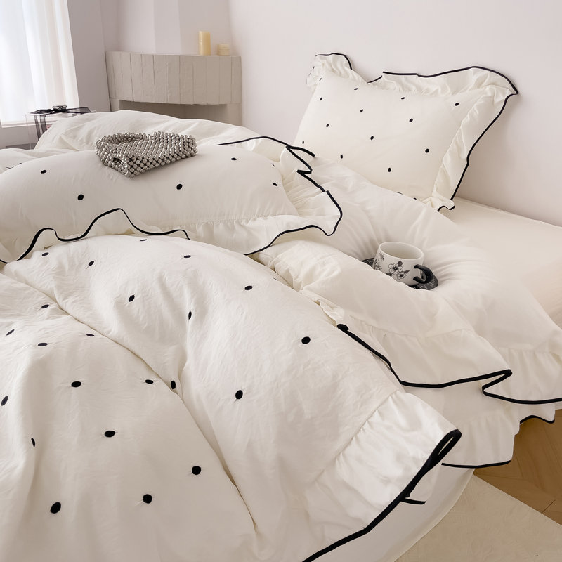 Cute Polka Dot Ruffles Microfiber Duvet Cover Set, White,  King Duvet Cover + 2 King Pillowcases
