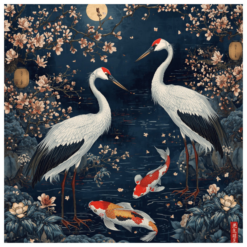 Couvre-lit matelassé Cranes and Koi, Lit simple