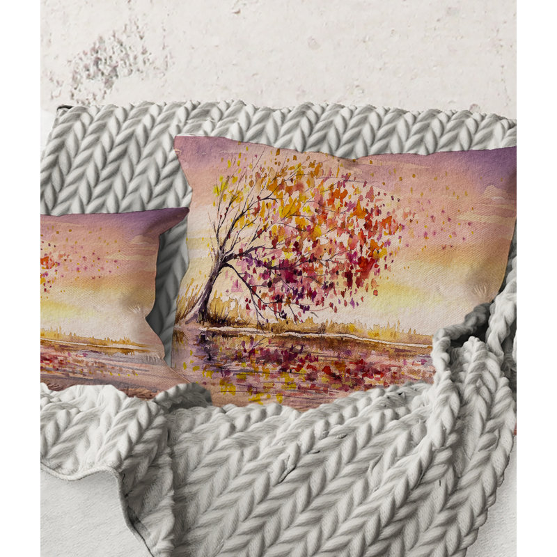 Carré, arbre d'automne jaune et orange - coussin décoratif traditionnel, 18" x 18"