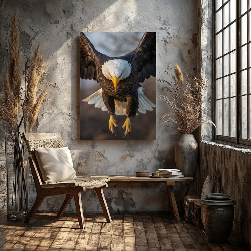 Toile, Aigle chauve majestueux, abat-jour avec intensité féroce, art mural, bec jaune vif et yeux perchés sur le sol