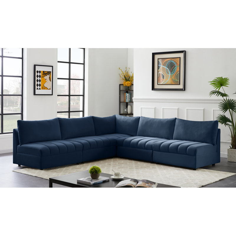 Ensoll Velvet L-Shaped Sectional Reversible, Navy Velvet