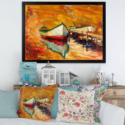 Bateaux blancs et rouges près de la jetée - Peinture sur toile