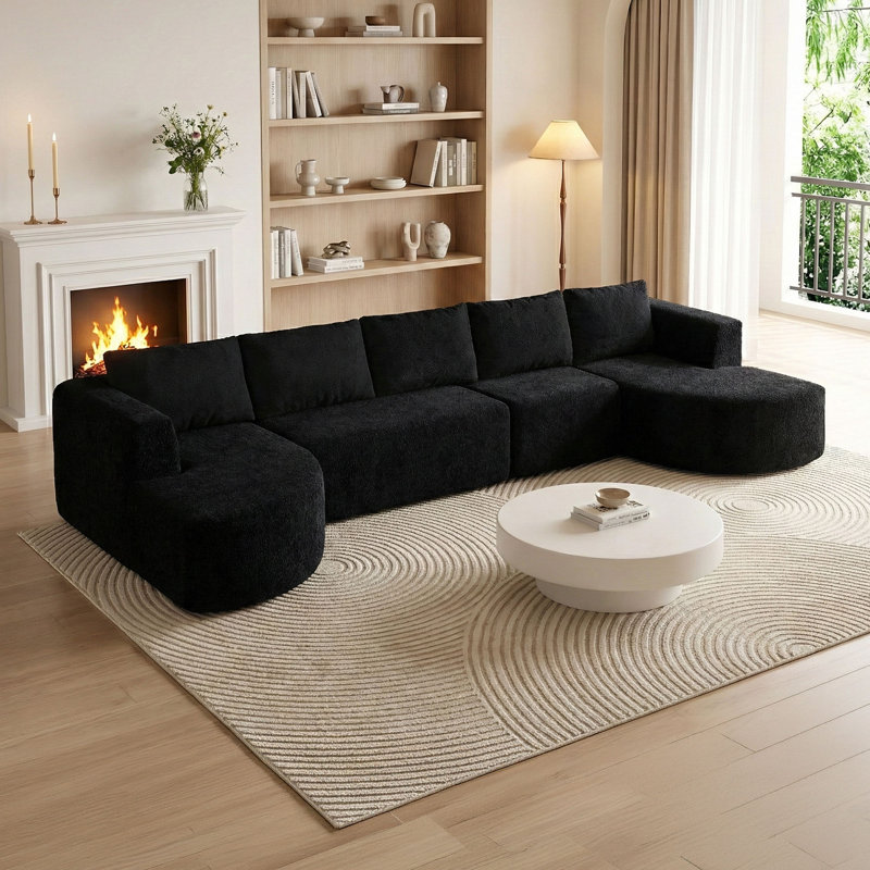 4-Piece Cloud-Inspired 144" Modular Symmetrical Sectional Sofa with Teddy Fabric Upholstery in White, White
