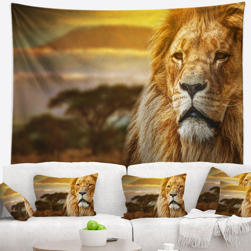 Lion et mont kilimandjaro tapisserie Animal, H 32 po x l 39 po