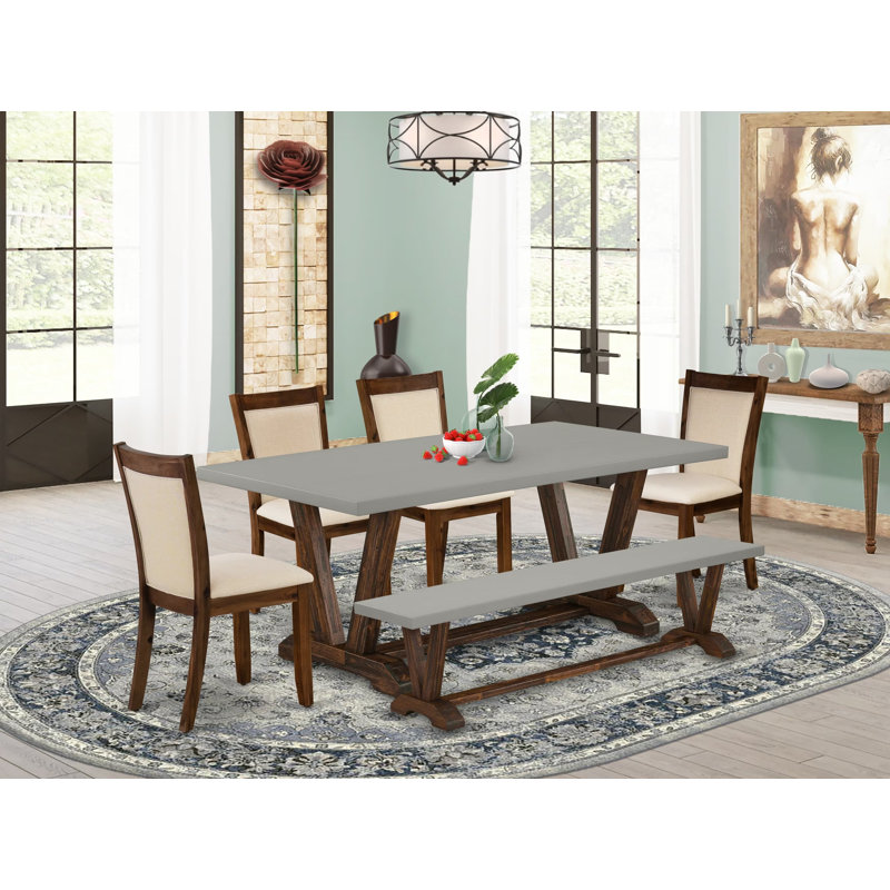 L'ensemble de 9 pièces comprend une table de cuisine moderne en ciment et 8 chaises de salle à manger rembourrées en tissu de lin beige clair à haut dossier - finition jacobine vieillie