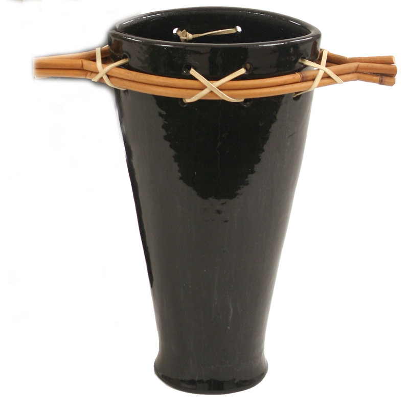Glossy Metallic Fuji Vase with Rattan Pole Trim, 14" H x 10" L x 6" D