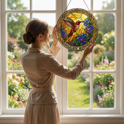 12"H Hummingbird Flowers Stained Glass Window Panel
