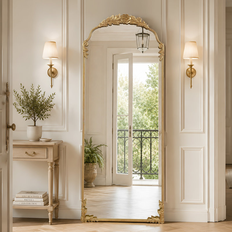 Miroir mural rétro arqué or rétro - miroir décoratif de style antique français orné, grand miroir de meuble-lavabo arqué pour entrée, cheminée, salon ou chambre à coucher, fixé au mur ou incliné