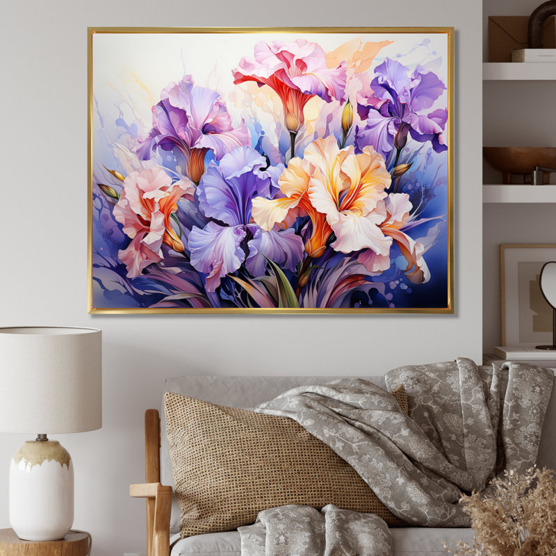Iris, impression sur toile, impression de nature fleur de prairie, H 24 po x l 32 po x P 1 po, Cadre flottant doré