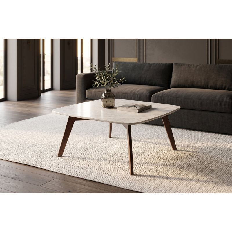 Riccardo 31" Square Italian Carrara White Marble Coffee Table With Walnut Legs 