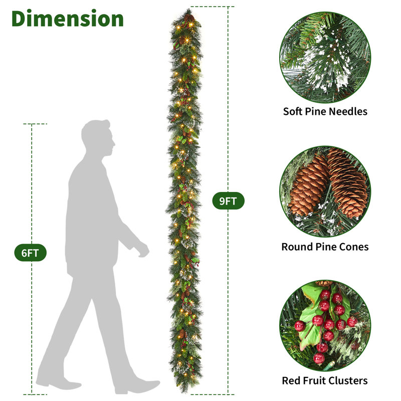 Pre-Lit 9FT Christmas Garland - 70 Warm White LEDs, Pine Cones, Red Berries, Timer, Battery Operated, Flocked Greenery for Staircase, Fireplace, Door, Indoor/Outdoor