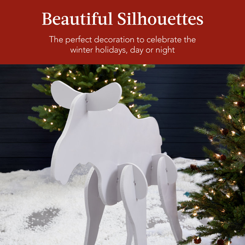 White PVC Moose Family Silhouette Christmas Yard Decor with Ground Stakes