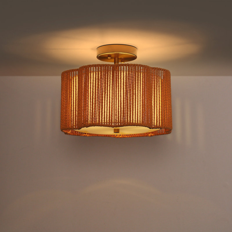 Dimmable Semi Flush Mount Ceiling Light Rattan Drum Pendant Lighting Chandelier, Bronze