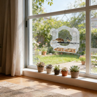 Mangeoire pour fenêtre avec ventouses robustes, mangeoire pour oiseaux en acrylique transparent en paquet de 2 pour les fenêtres extérieures, vue à 360 degrés, installation facile sans perceuse pour les cardinaux, les pinsons et les oiseaux sauvages