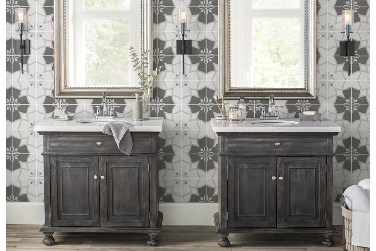 Gray bathroom with gray vanities and gray and white bathroom wall tiles