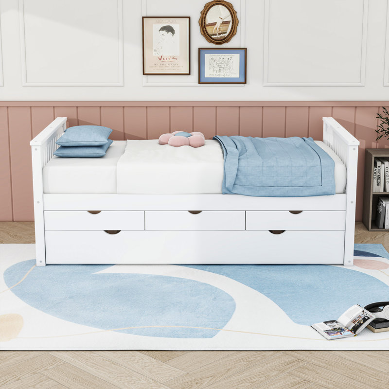 Twin Wood Daybed with Twin Trundle and Drawers, White