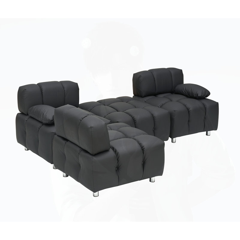 Tufted Upholstered Sofa, Black Leather, 27.56" H x  90.6" W x 33.5" D