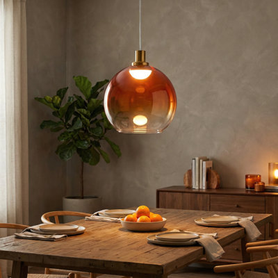 1-Light Orange Globe Glass Single Pendant with LED Light