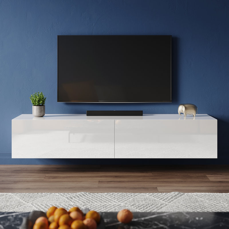 Hangable and floor standing TV stand in high-gloss UV panel, 30cm H x 160cm W x 40cm D, White