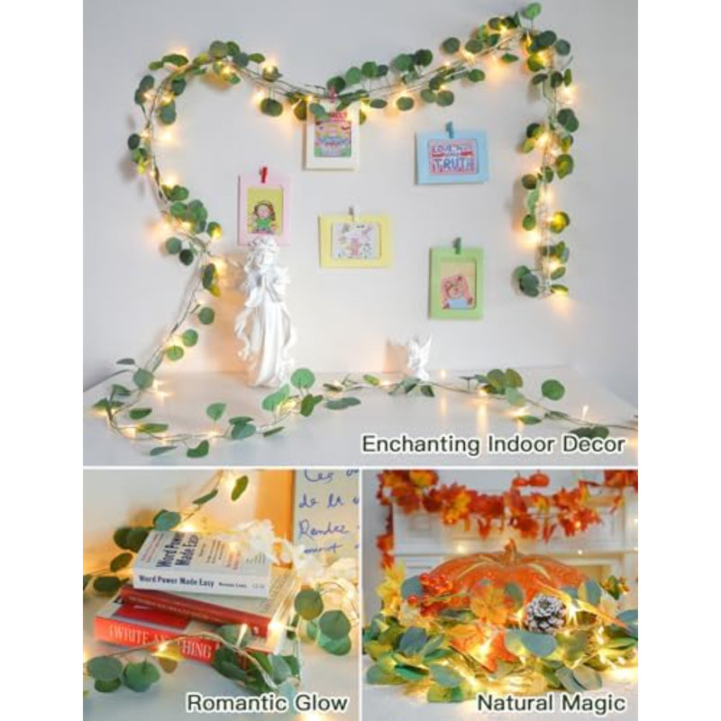 Vignes avec lumières à brancher, guirlande d'eucalyptus de 33 pi avec 100 lumières DEL connectables avec télécommande, lumières à rallonge pour chambre à coucher, chambre, mur, jardin, fête, dortoir de mariage (blanc chaud)