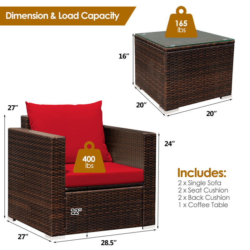 Alycen 2 - Person Patio Conversation Set with Cushions, Brown, Red