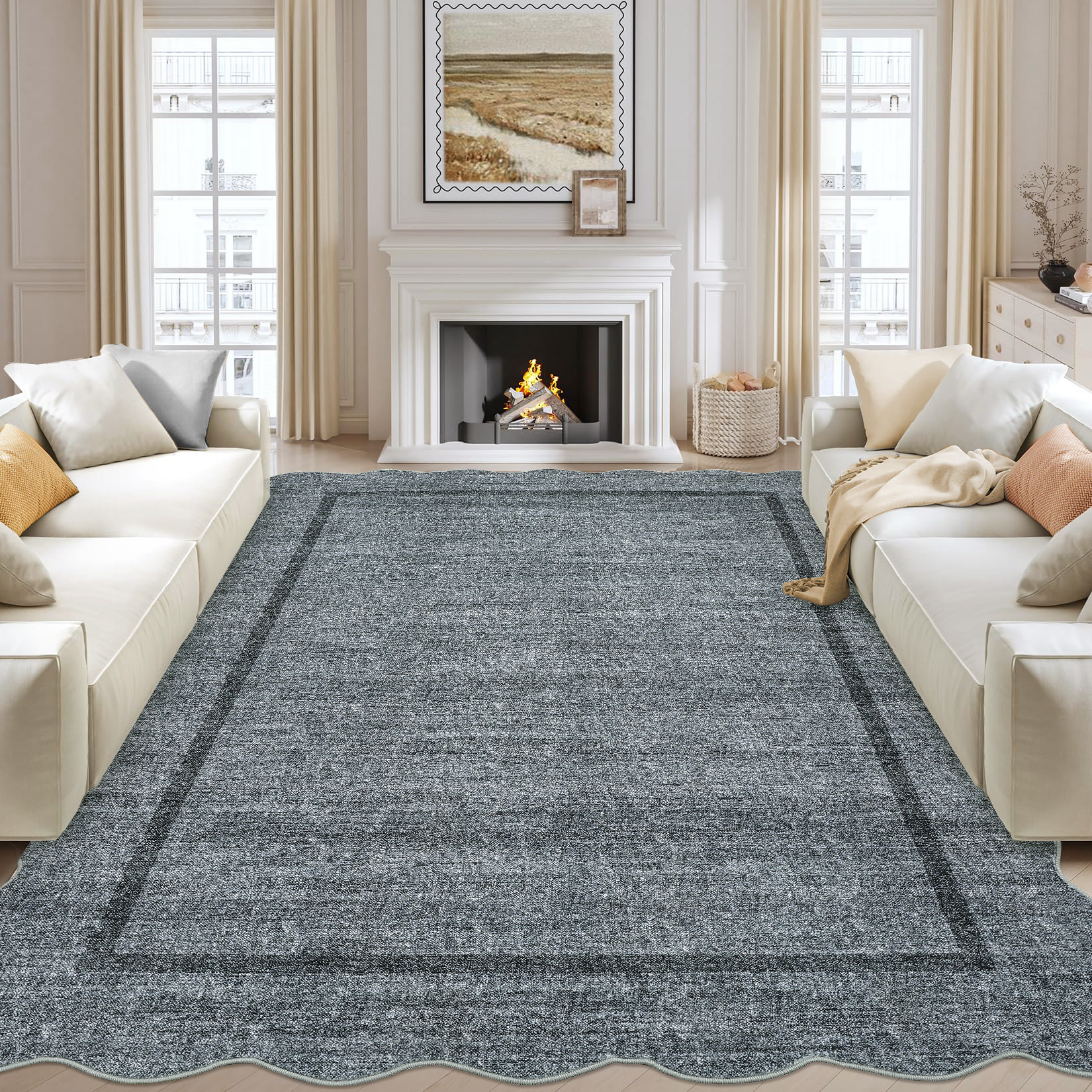 Ebern Designs Scalloped Machine Washable Rug Non-Slip Bordered Floor ...