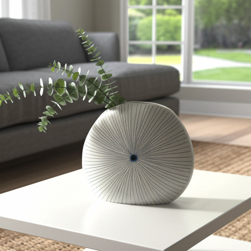 Handmade Stoneware Table Vase, 9" H x 10" W x 4" D, White/Blue