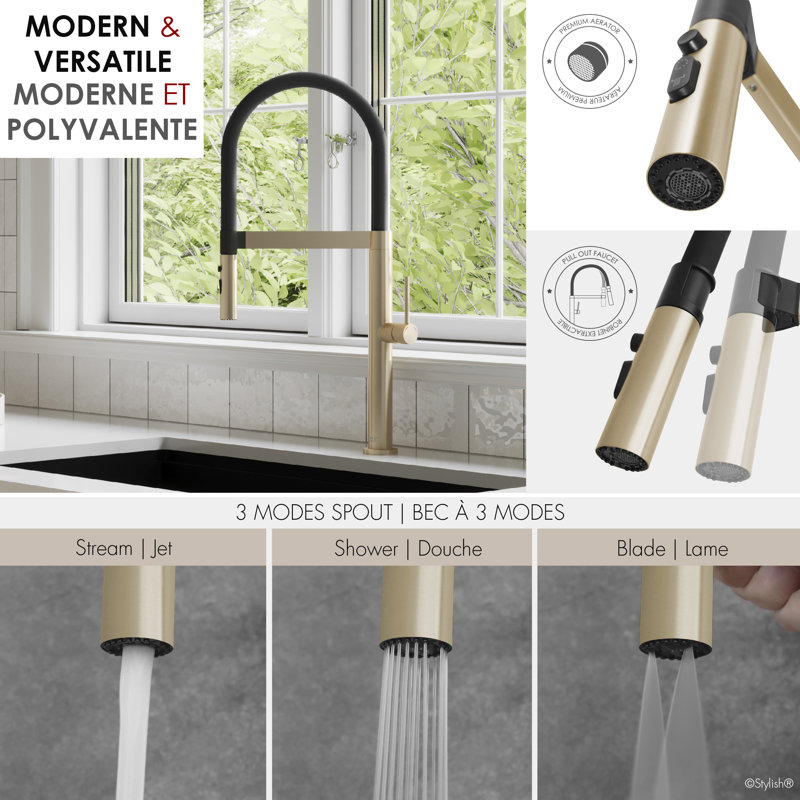 Robinet d'évier de cuisine moderne à une poignée en acier inoxydable à une poignée avec bec verseur Modern Modern