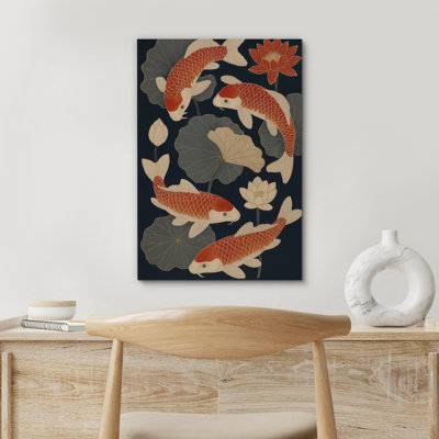 Coy, poisson et fleur de lotus sur fond bleu foncé - impression sur toile encadrée