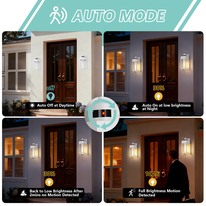  2-Pack Modern Dusk to Dawn And Motion Sensor Outdoor Wall Light With Clear Glass, White