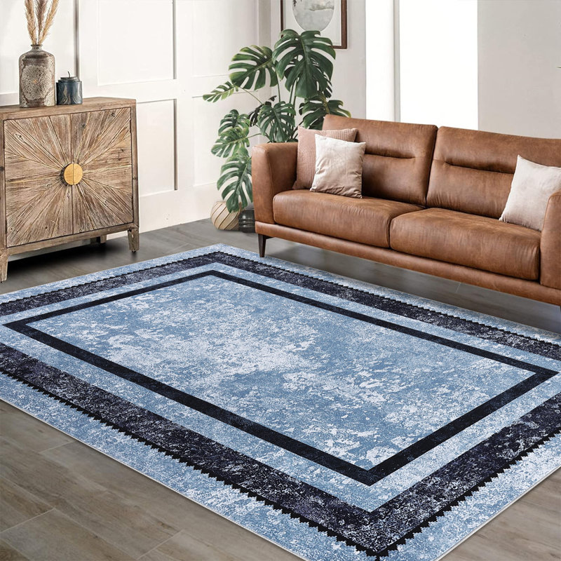 8x10 Washable Area Rug Modern Bordered Rug Distressed Blue Floor Carpet Geometric Rug Non Slip Rug Rug Rug for Living Room Bedroom