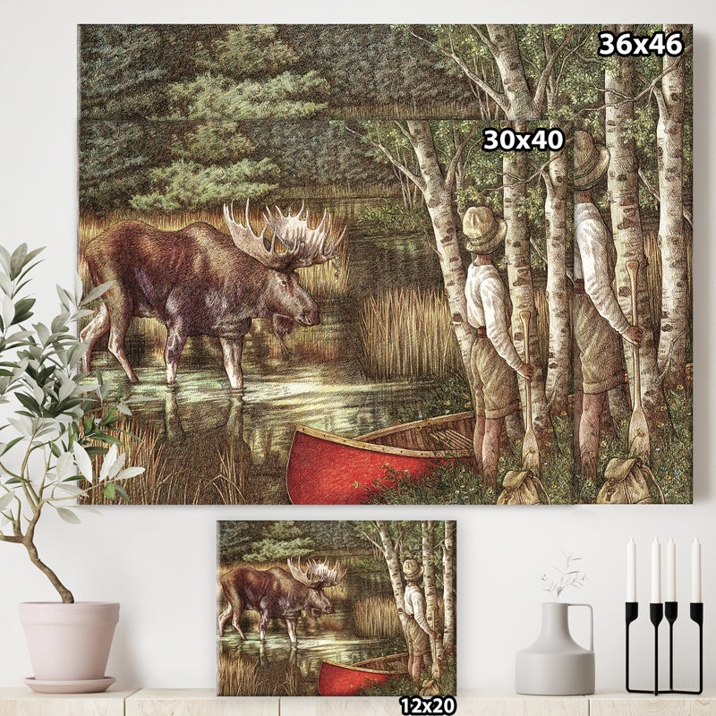 «The Moose And The Man With The Red Canoe», reproduction sur toile, H 36 po x l 46 po x P 1,5 po