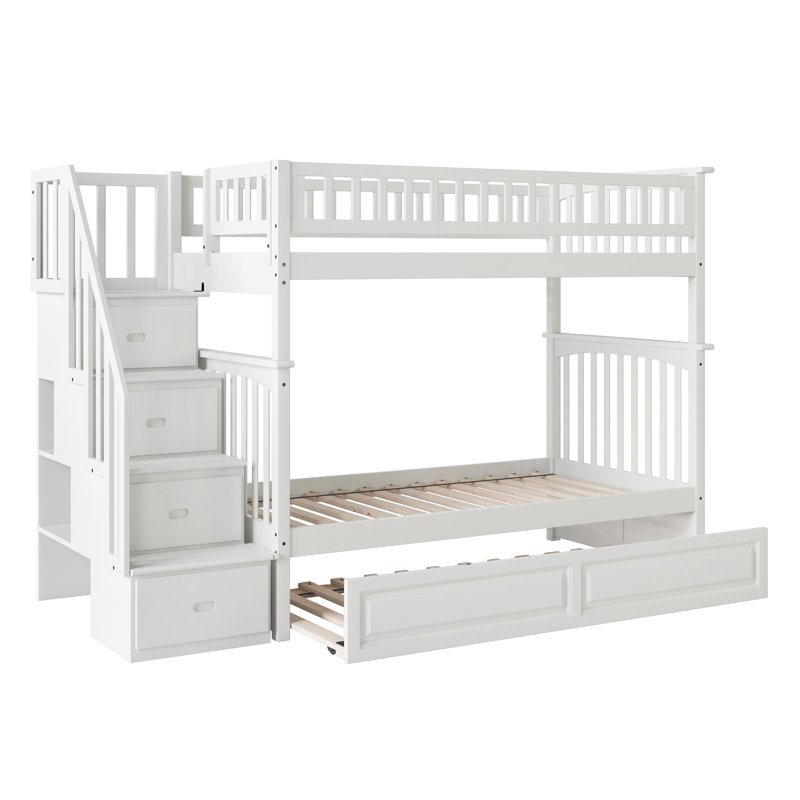 Blaisdell Solid Wood Storage Staircase Bunk Bed with Raised Panel Roll Out Trundle, Twin over Twin, White