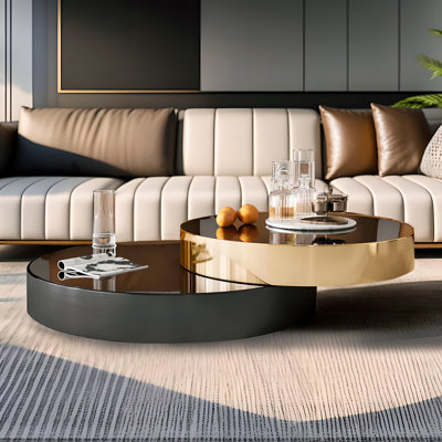 Modern Oversize 39.37' Round Coffee Table Set, Extendable Nesting Table Gold & Black Finish with Glass Top