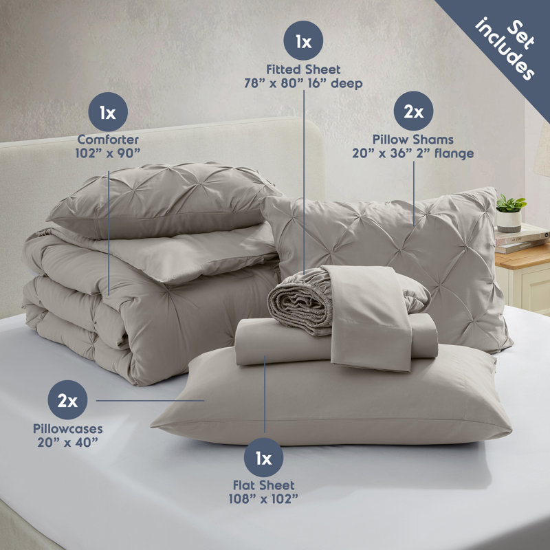 Bed-in-A-Bag Pleated Comforter Set with Bed Sheets, King Comforter + 6 Additional Pieces, Linen