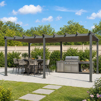 Pergola d'extérieur rétractable 20 pi x 11 pi avec auvent gris et base d'ancrage