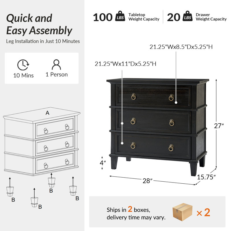  Allisa 28"W 3-Drawer Solid Wood End Table with Built-in Charging Station and Simple Assembly, Charcoal