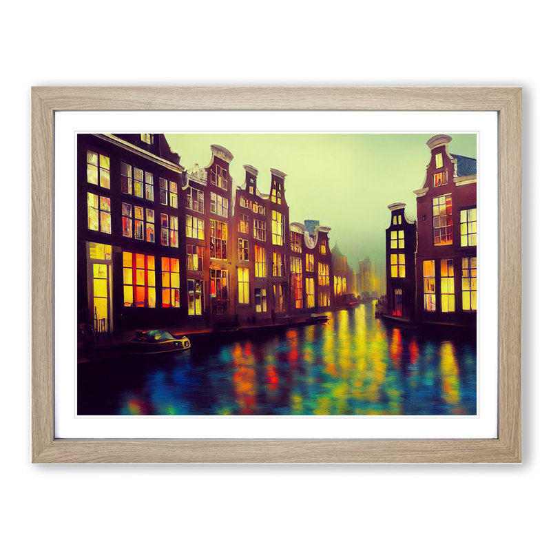 Amsterdam Canal Art Painting Vol.2 - Single Picture Frame Print, 25cm H x 34cm W x 2cm D, Oak