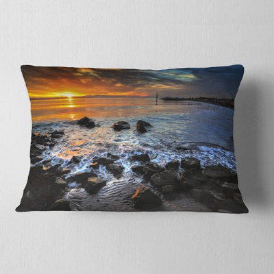 Printed Sunset over Rocky Ocean Shore Lumbar Pillow