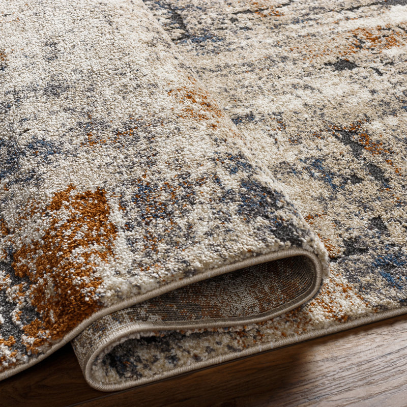 Tapis bleu / beige / gris en polypropylène tissé à la machine Dunigan, Rectangle 4 pi 3 po x 5 pi 7 po
