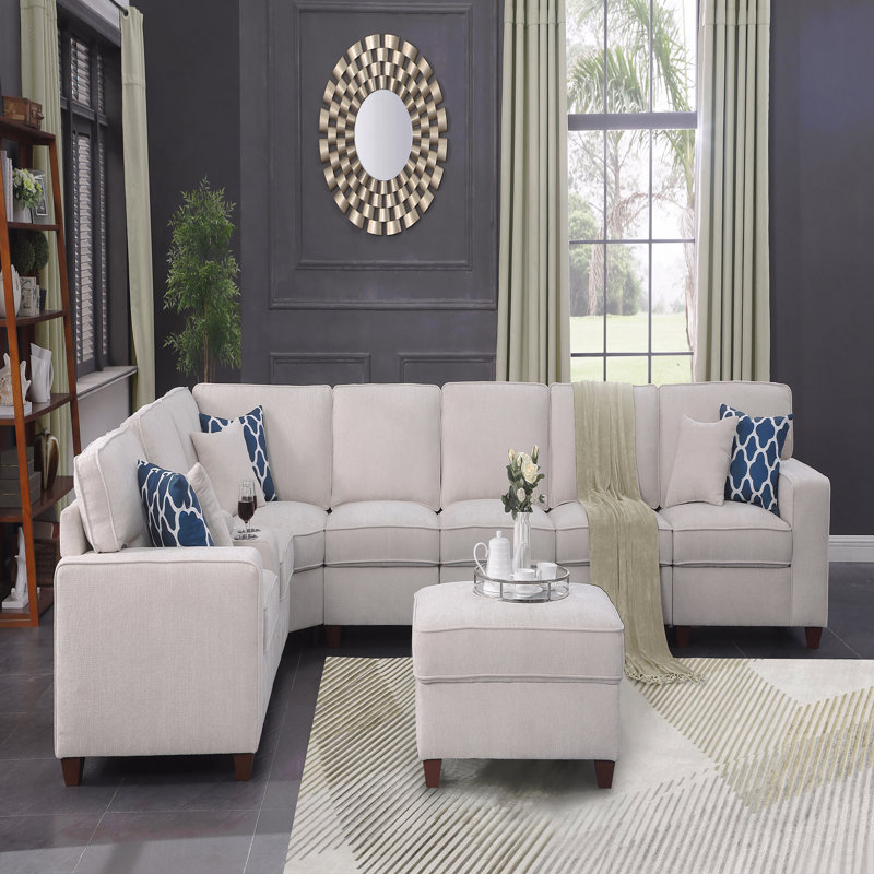 Canapé modulaire avec repose-pieds, Chenille - Beige, 35 po H x 162,25 po L x 99,25 po P