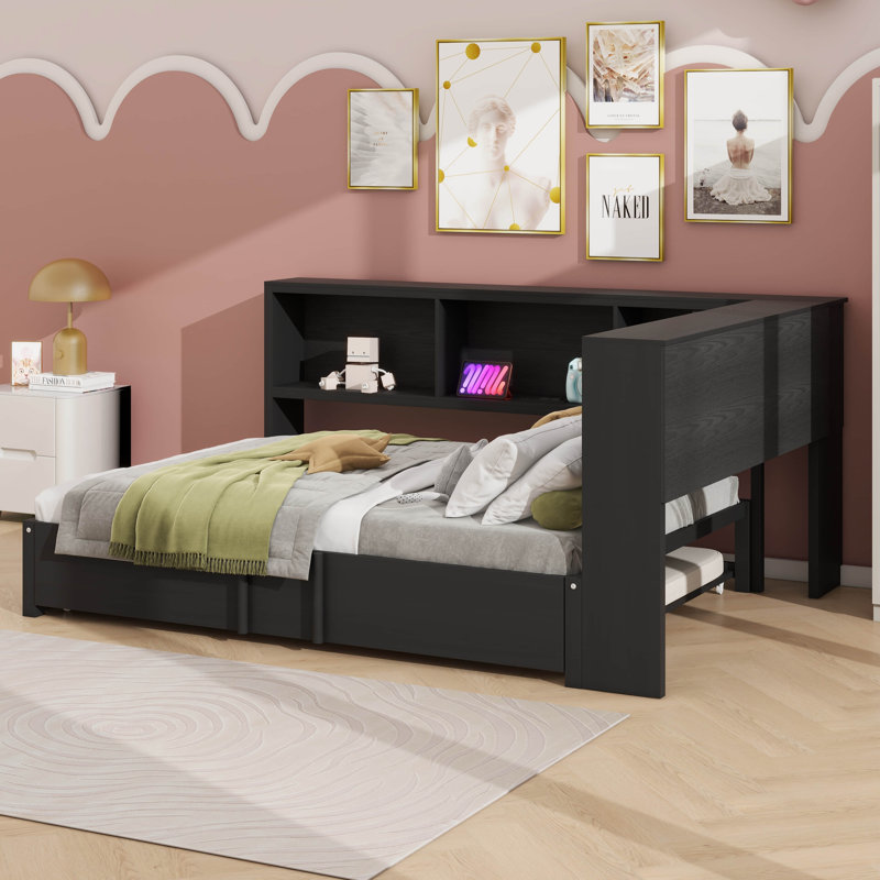 Lit de jour pratique en métal avec lit gigogne escamotable et sections de rangement intégrées, Noir, noir, noir, noir