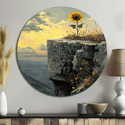 Tournesol sur une falaise au coucher du soleil - Tournesols, art mural rond en métal pour le salon