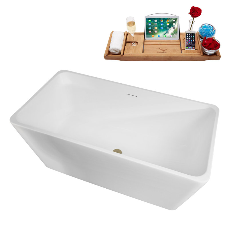 51" Streamline Soaking Freestanding Tub and Tray With Internal Drain, Brushed Brass