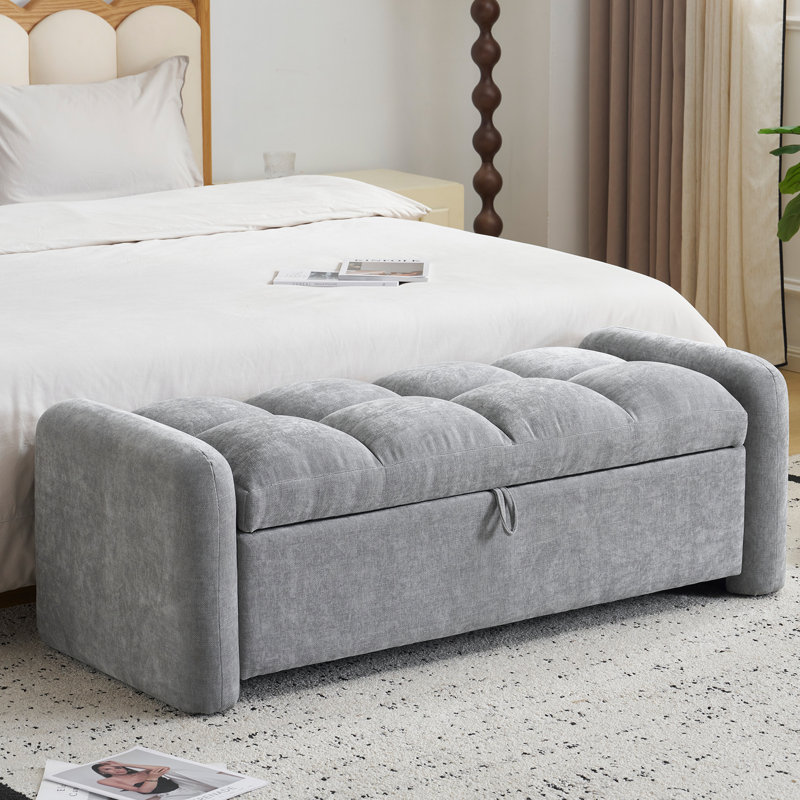 Banc de rangement surdimensionné de style moderne, Chenille gris pâle