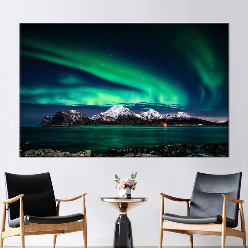 Aurore boréale, ciel nocturne, impression d'art sur toile - aurores boréales, H 41 po x l 94 po, Noir, noir, noir, noir