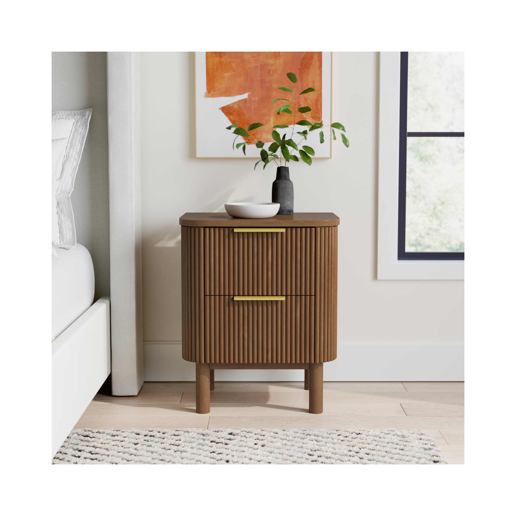 Nova Reeded 2-Drawer Nightstand, Brown Reeded Birch