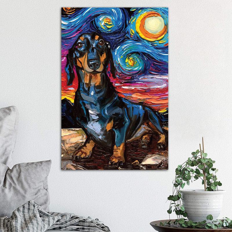 Black And Tan Dachshund Night II by Aja Trier - Wrapped Canvas Painting, 66.04 cm H x 45.72 cm W x 3.175 cm D